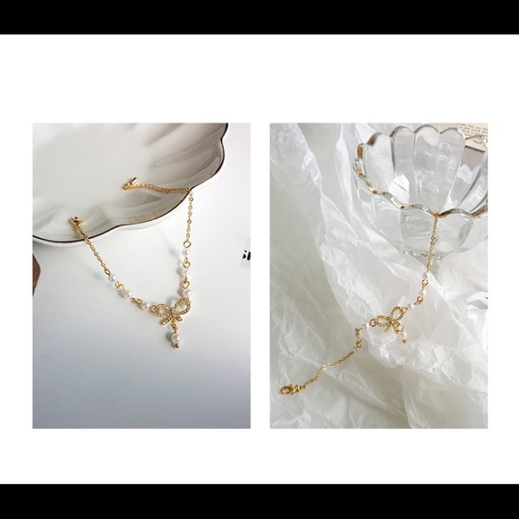Tiny Bowknot bracelet, crystal pearl bracelet, golden chain bracelet, Adjustable - Picture 7 of 7